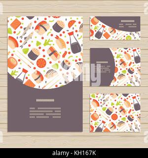 Set di schede su I sushi giapponesi La cucina del tema. pattern ritagliati con maschera di ritaglio ed è completamente modificabile in Adobe Illustrator programma Illustrazione Vettoriale