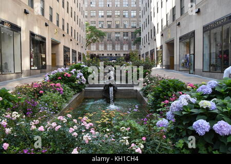 Il canale giardini presso il Rockefeller Plaza, preso in estate, New York City Foto Stock