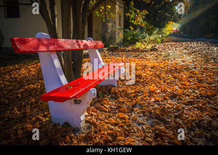 Budapest, Ungheria - panchina rossa, foglie d'autunno e sole che sorge cade sul binario ferroviario che conduce attraverso la foresta d'autunno con treno sullo sfondo Foto Stock