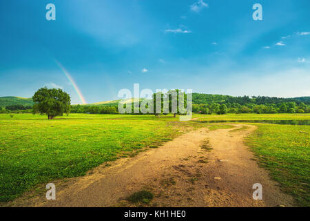 Rainbow su campi e gli alberi in una fattoria sul bordo del lago Foto Stock