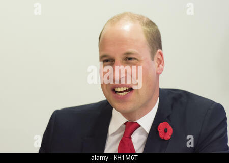 Il Duca di Cambridge, incontra i beneficiari del Welsh Rugby Charitable Trust che sostiene i giocatori che sono stati feriti giocando a calcio e rugby in Galles, in vista della partita di rugby internazionale tra Galles e Australia Autumn, allo stadio del Principato di Cardiff, Galles. Foto Stock