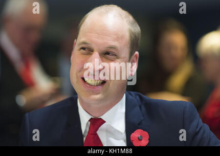 Il Duca di Cambridge, incontra i beneficiari del Welsh Rugby Charitable Trust che sostiene i giocatori che sono stati feriti giocando a calcio e rugby in Galles, in vista della partita di rugby internazionale tra Galles e Australia Autumn, allo stadio del Principato di Cardiff, Galles. Foto Stock