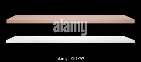 Il bianco e il legno color marrone ripiano isolato su sfondo nero Foto Stock