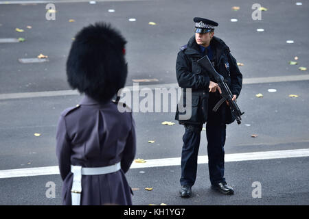 Un ufficiale di polizia armato in pattuglia prima del servizio annuale della domenica di memoria al memoriale Cenotaph a Whitehall, nel centro di Londra. Foto Stock