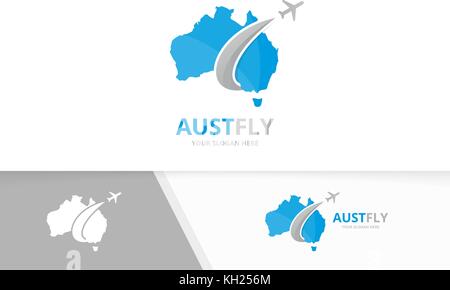 Vettore di Australia e piano di combinazione di logo. Oceania e viaggi di simbolo o icona. unico continente e logotipo di volo modello di disegno. Illustrazione Vettoriale