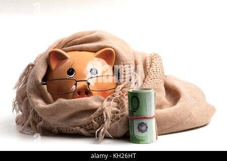 Salvadanaio indossa foulard, isolati su sfondo bianco.Salvataggio di concetto di riscaldamento Foto Stock