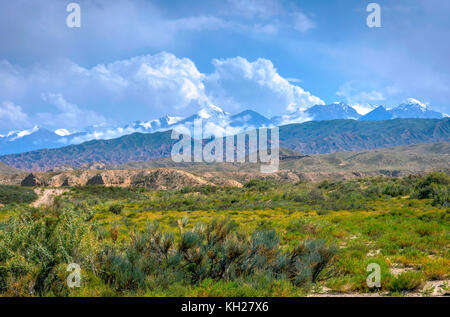 Paesaggi del Kirghizistan con montagne all'orizzonte Foto Stock