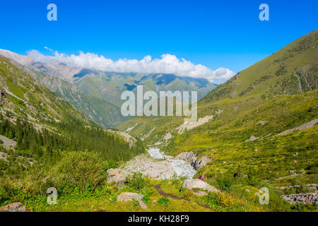 Valle con il fiume e la foresta in Ala Archa national park, il Kirghizistan Foto Stock