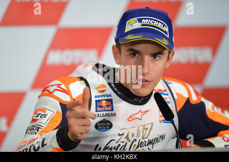 Valencia, Spagna. 12 novembre 2017. #93 Marc Marquez (spagnolo) Repsol Honda Team Honda durante la conferenza stampa dopo il Gran Premio Motul de la Comunitat Valenciana, circuito di Ricardo Tormo, Valencia, Spagna. Sabato 12 novembre 2017. Crediti: Gtres Información más Comuniación on line, S.L./Alamy Live News Foto Stock