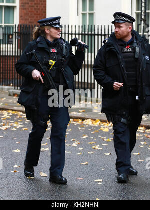 Londra, Regno Unito. Xii nov, 2017. una femmina armati funzionario di polizia, a Downing street sulla strada per il ricordo domenica cerimonia presso il cenotafio in whitehall di Londra il 12 novembre 2017. Credito: Paolo marriott/alamy live news Foto Stock