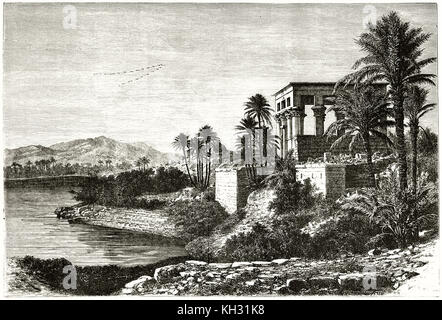 Vecchio vista del tempio di Iside, isola di Philae, fiume Nilo in Egitto. Da De Bar, publ. in Le Tour du Monde, Parigi, 1863 Foto Stock