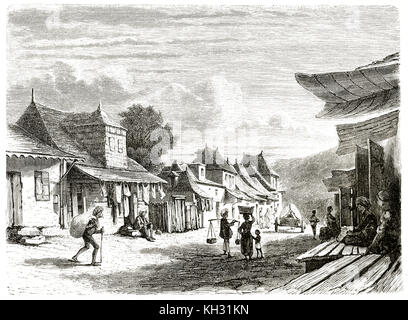 Vecchio vista di una strada a camp Malabar, Port Louis, Mauritius. Da Girardet, publ. in Le Tour du Monde, Parigi, 1863 Foto Stock