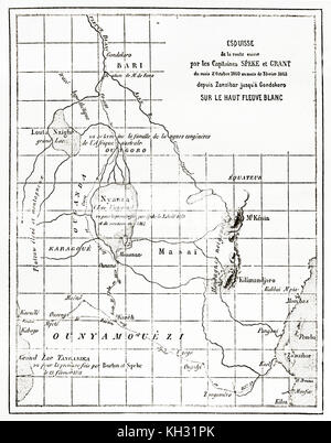 Vecchio itinerario Mappa di esploratori Speke e Grant Da Zanzibar a Gondokoro, Africa. Da Erhard e Bonaparte, publ. in Le Tour du Monde, Parigi, 1863 Foto Stock