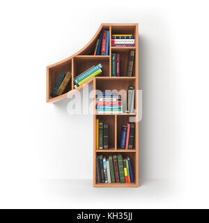 Numero uno uno. Alfabeto sotto forma di scaffali con libri isolati su bianco. illustrazione 3d. Foto Stock