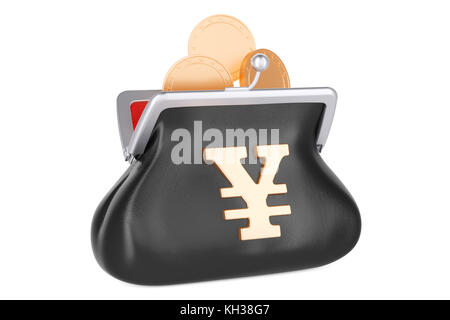 Il borsellino con yen o simbolo di yuan e monete d'oro interno, 3D rendering isolati su sfondo bianco Foto Stock