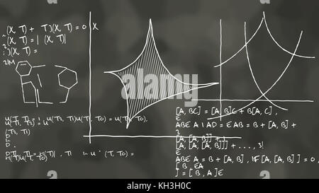 Un hi-fisica 3d illustrazione di alcuni alti in teoria fisica manoscritta su una lavagna di un colore nero. È coperto con curva linee con abbozzato Foto Stock