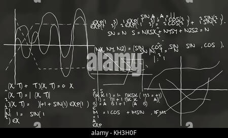 Una scienza alta 3d rendering di qualche teoria fisica disegnati su una lavagna un colore nero. È coperto con alcune equazioni, sinusoidi, formule e cu Foto Stock