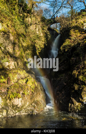 L'aira force cascata, gestito dalla National Trust con un arcobaleno che illumina il flusso Foto Stock