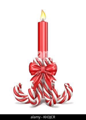 Decorazione di Natale fatto di candy canes, ribbon bow e candela 3D render illustrazione isolati su sfondo bianco Foto Stock