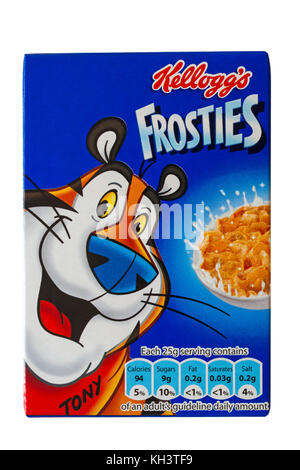 Scatola di cereali Kelloggs Frosties, cereali per la colazione isolati su sfondo bianco - cereali Kelloggs cereali Kellogg cereali Foto Stock