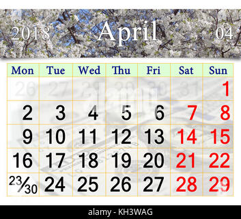 Calendario per il mese di aprile 2018 con nastro di fioritura ciliegio fiori Foto Stock