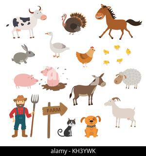 Simpatici animali da fattoria impostato in uno stile piatto isolato su sfondo bianco. cartoon gli animali della fattoria. Illustrazione Vettoriale