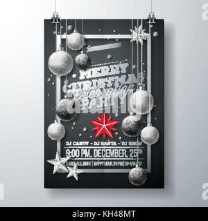 Vector Merry Christmas party flyer illustrazione con la tipografia e elementi di vacanza su sfondo nero. invito modello di poster. Illustrazione Vettoriale