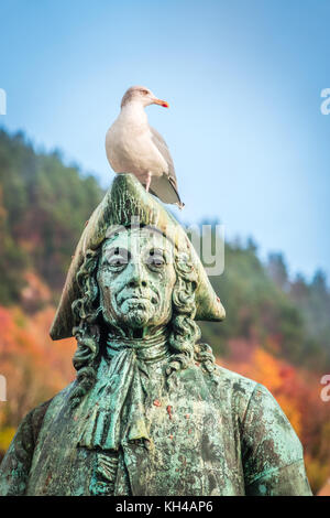 Seagull seduti sulla statua di scrittore, saggista, filosofo e storico il Barone Ludvig Holberg, Bergen, Norvegia Foto Stock