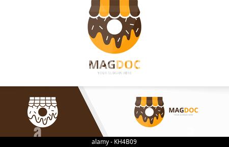 Ciambella di vettore e un negozio di combinazione di logo. donut e vendita simbolo o icona. unica panetteria e logotipo di mercato modello di disegno. Illustrazione Vettoriale