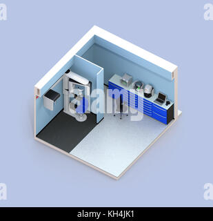 Vista isometrica della clinica dentale interno con con-beam ct e cadcam sistema. Il rendering 3d'immagine. Foto Stock