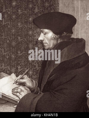 Desiderio Erasmus Roterodamus (1466-1536), solitamente chiamato Erasmus di Rotterdam o semplicemente Erasmus, in un'incisione del 1863 di Félix Bracquemond basata su un dipinto di Hans Holbein (1497-1543). Foto Stock