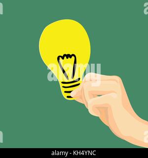 Mano che tiene la lampadina di luce, di tipo piatto idea moderna innovazione lampadina infografico. concetto concettuale illustrazione web di imprenditore mano azienda lam Illustrazione Vettoriale