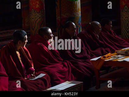 I monaci la preghiera e la meditazione all'interno del monastero Longwu, Tongren County, Longwu, Cina Foto Stock