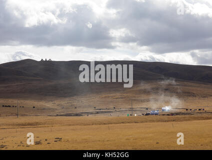 Famiglia nomade tibetana che vive in una tenda nelle praterie, Provincia di Qinghai, Tsekhog, Cina Foto Stock