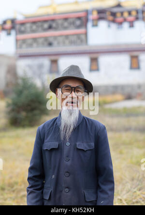 Ritratto di un vecchio uomo cinese con una lunga barba bianca nel monastero Hezuo, provincia di Gansu, Hezuo, Cina Foto Stock