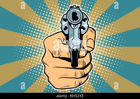 Bitcoin denaro in valuta finanziare revolver in mano. arte pop retrò illustrazione vettoriale Illustrazione Vettoriale