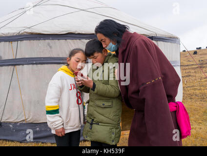 Ritratto di una famiglia nomade tibetana che vive in una yurt nelle praterie e guardando a un telefono cellulare, Provincia di Qinghai, Sogzong, Cina Foto Stock