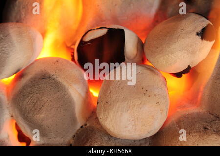 Chiusura del gas carboni di fuoco con giallo arancione fiamme, incandescente arancione e con la fuliggine su due dei carboni ardenti. Foto Stock