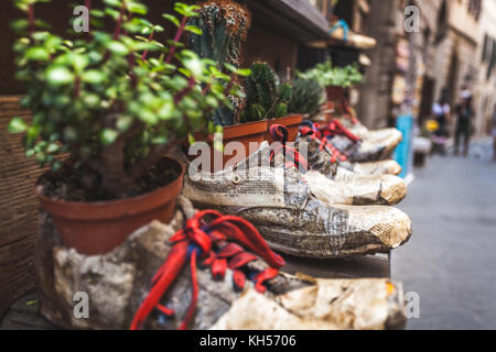 Cool idea di fioriere realizzato di scarponi per home giardinaggio Foto Stock