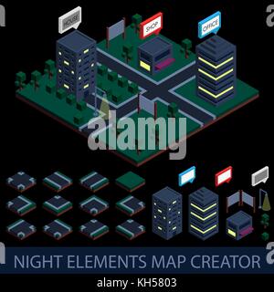 Isometrica elementi notte mappa creatore. illustrazione vettoriale in formato eps10 Illustrazione Vettoriale