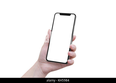 Donna isolato lato con i moderni smartphone con vuoto x schermo curvo. Foto Stock