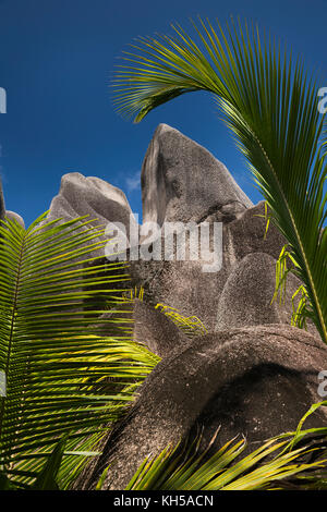 La Seychelles, La Digue, L'Union Station Wagon, fronde di palma e le rocce in Anse Source d'Argent beach Foto Stock