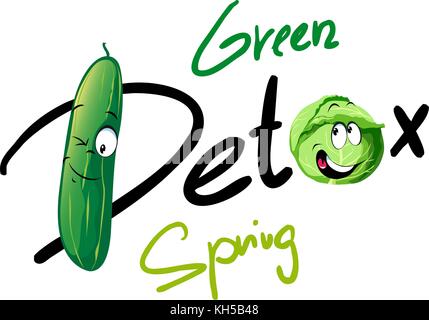 Verde primavera detox - funny design vettoriali con il cetriolo e il cavolo cartoon Illustrazione Vettoriale