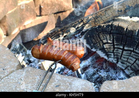 Due ragazzi sono la cottura alla griglia o alla brace salsicce polacco su un fuoco aperto buca nel loro cortile Foto Stock