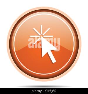 Fare clic qui orange round web e telefono cellulare icona vettoriale in formato eps 10 su sfondo bianco con ombra Illustrazione Vettoriale