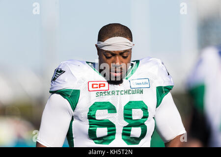 Ottawa, Canada. Xii Nov, 2017. Saskatchewan Roughriders offensive lineman Thaddeus Coleman (68) prima del CFL Divisione est Semi-Final playoff gioco tra Saskatchewan Roughriders e Ottawa Redblacks a TD Place Stadium di Ottawa in Canada. Daniel Lea/CSM/Alamy Live News Foto Stock