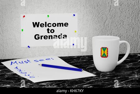 Boccale di grandi dimensioni e l'etichetta sulla parete con testo di benvenuto a Grenada. Il rendering 3d. Foto Stock