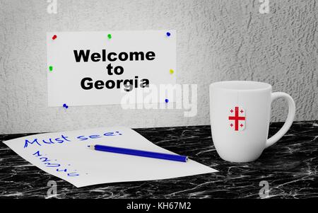 Boccale di grandi dimensioni e l'etichetta sulla parete con testo di benvenuto in Georgia. Il rendering 3d. Foto Stock