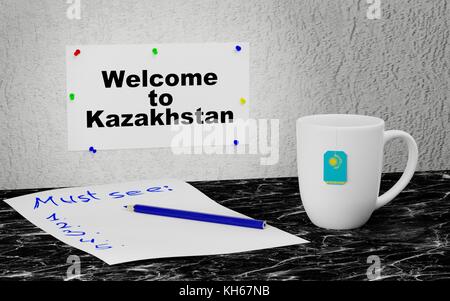 Boccale di grandi dimensioni e l'etichetta sulla parete con testo di benvenuto in Kazakistan. Il rendering 3d. Foto Stock
