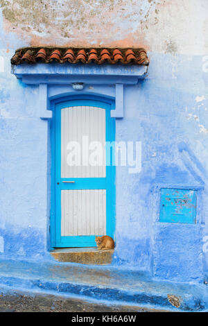 Porta tipica a Chefchaouen, Marocco Foto Stock